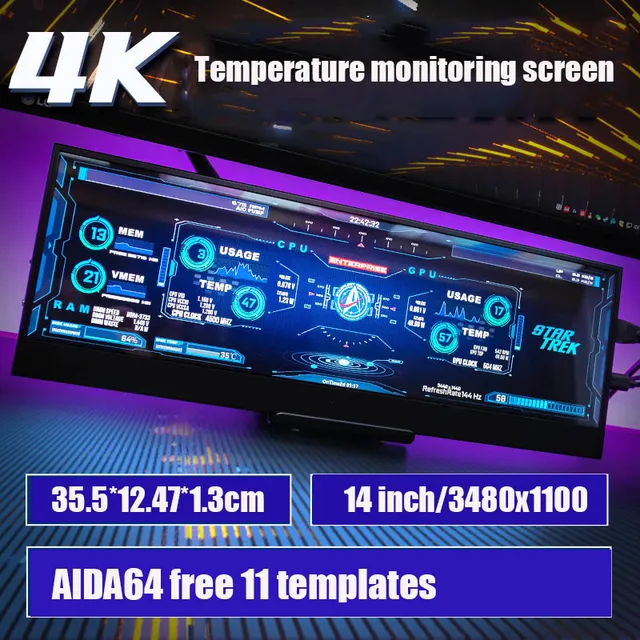 Chassis secondary screen 14 inch 4K display DIY computer temperature monitoring screen host status real-time display AIDA64 2