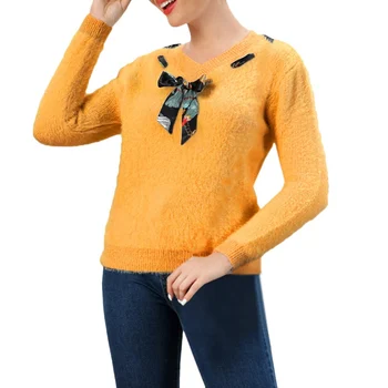 

Slim Knitted Sweater V-neck Long Sleeve Autumn Winter Womens Pullovers Fashion Bow Solid Color Jumper 3Colors