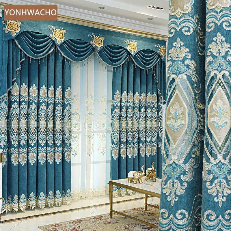 

Custom curtains luxury American living room chenille shading embroidery blue cloth blackout curtain tulle valance drape C360