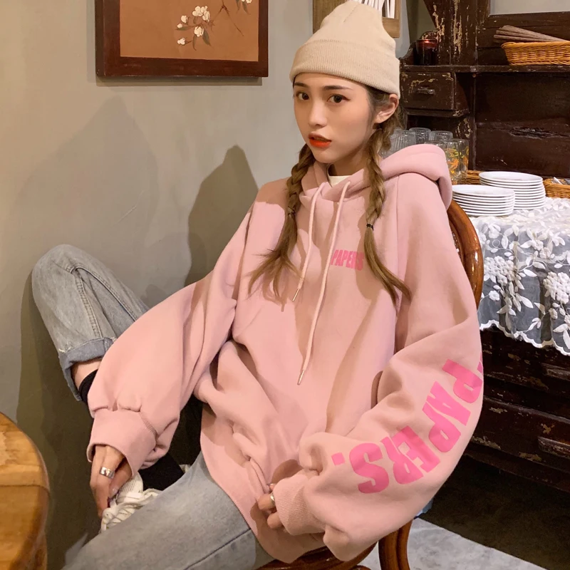 

Женская толстовка с капюшоном, толстовка с длинным рукавом и надписью, Свободный пуловер для студентов, уличный Топ оверсайз, Осень-зима