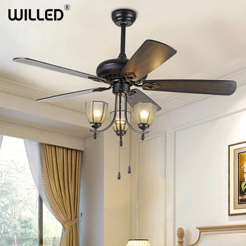 

Luxury Ceiling Fans Light Glass Lampshade Wooden Fan Led Home Lights Fixture 52inch European Style Lamp Dinning Room 110V 220V