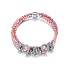 Розовый кристалл пан Браслеты и браслеты серебряный бисер очарование браслеты для женщин супер кожа Свадебные ювелирные изделия Pulseira Feminina