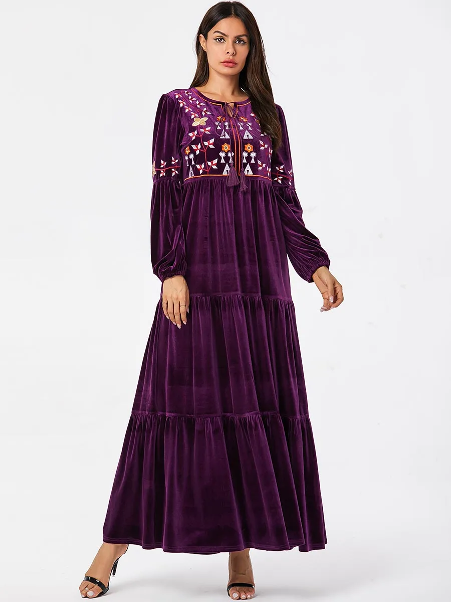BNSQ Макси вельветовое платье с цветочной вышивкой мусульманское платье абайя женская одежда Caftan скромные платья-кафтаны Egype зимняя одежда