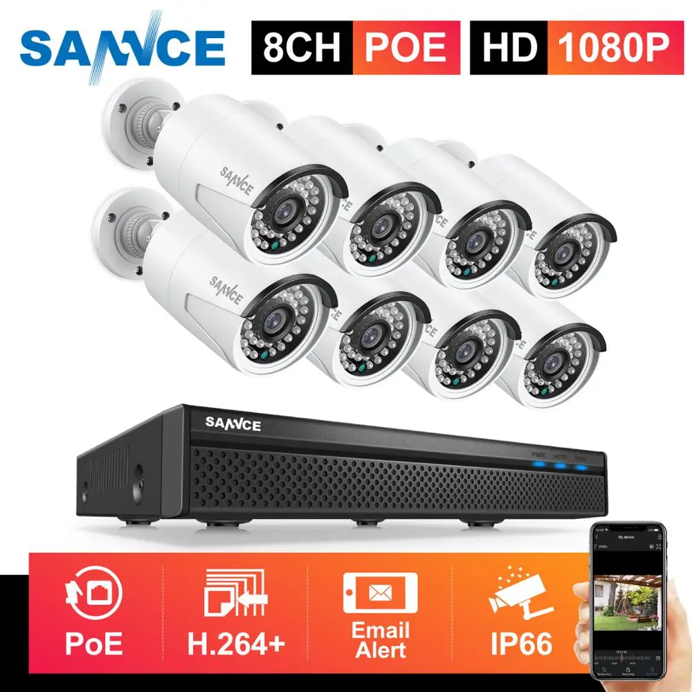 Камера видеонаблюдения SANNCE 8 каналов 1080P FHD POE H.264 + 5 МП Мп 2 водонепроницаемая IP