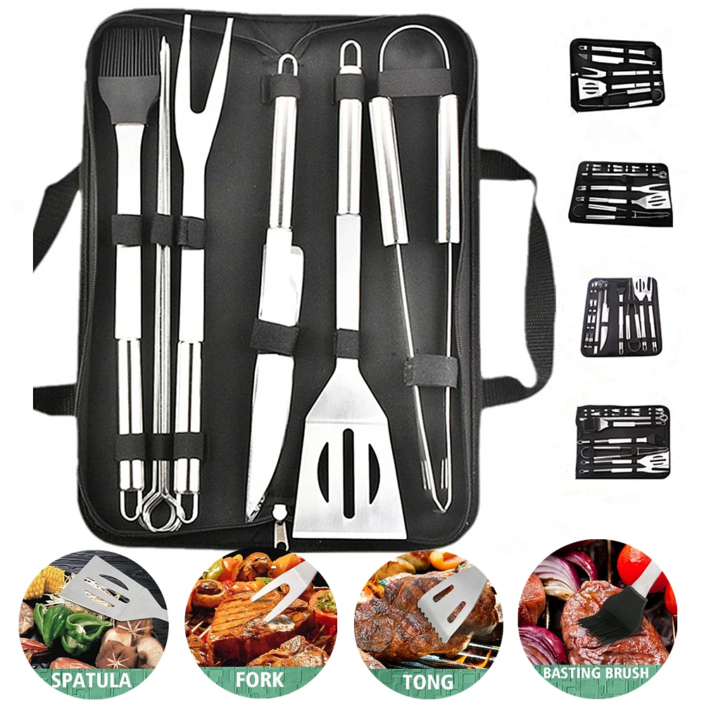 BBQ Grill Tools Set Stainless Steel Spatula Fork Basting Brush Tongs Barbecue Grilling Utensil Accessories Cooking Kit |