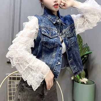 

2020 new Spring Women Streetwear Autumn Denim Jackets Outwear Lace Ruffles Long Sleeve Patchwork Coat Jeans coat Denim Tops NZ86