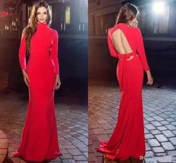 

High Neck Red Mermaid Evening Dresses 2020 Simple Satin Long Sleeve Open Back Prom Gowns Floor Length Cocktail Party Dresses