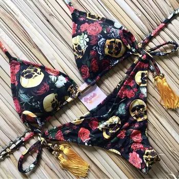 

Girls ties halter brazilian push up bikini tassels swimwear biquini strappy bandage swimsuit beach wear bathing suit women