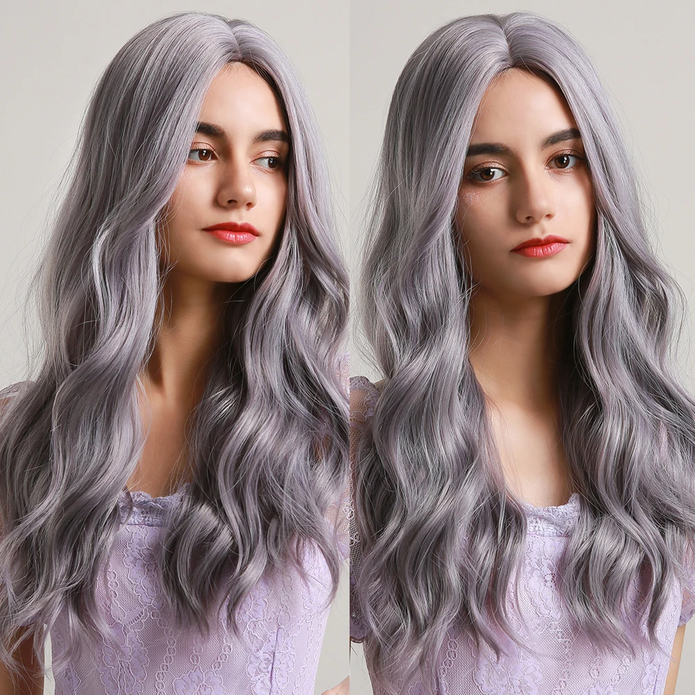 Long Wavy Synthetic Wigs Natural Middle Part Mixed Light Blue Purple