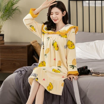 

2020 Winter Long Sleeve Thick Warm Flannel Nightgowns Women Coral Velvet Print Sleepwear Home Gown Night Dress Nightdress Nighty