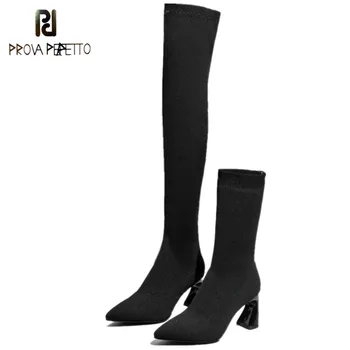 

Prova Perfetto Stretch Knitting Women Sock Boots Strange Heel Ankle Boots For Women Pointed Toe Slip On Knee High Women Boots