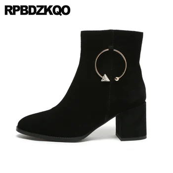 

luxury brand shoes women boots vintage retro 2019 black booties short suede high heel square toe winter fall ankle autumn chunky