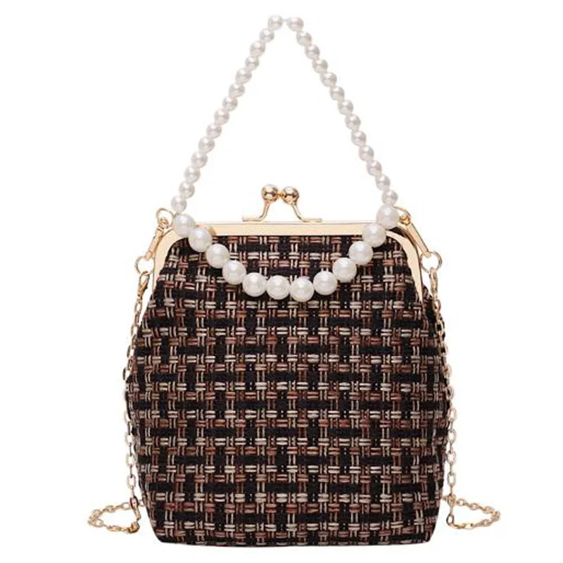 

ABZC-New Straw Small Bag Pearl Chain Messenger Bag Female Wild Single Shoulder Shell Bag
