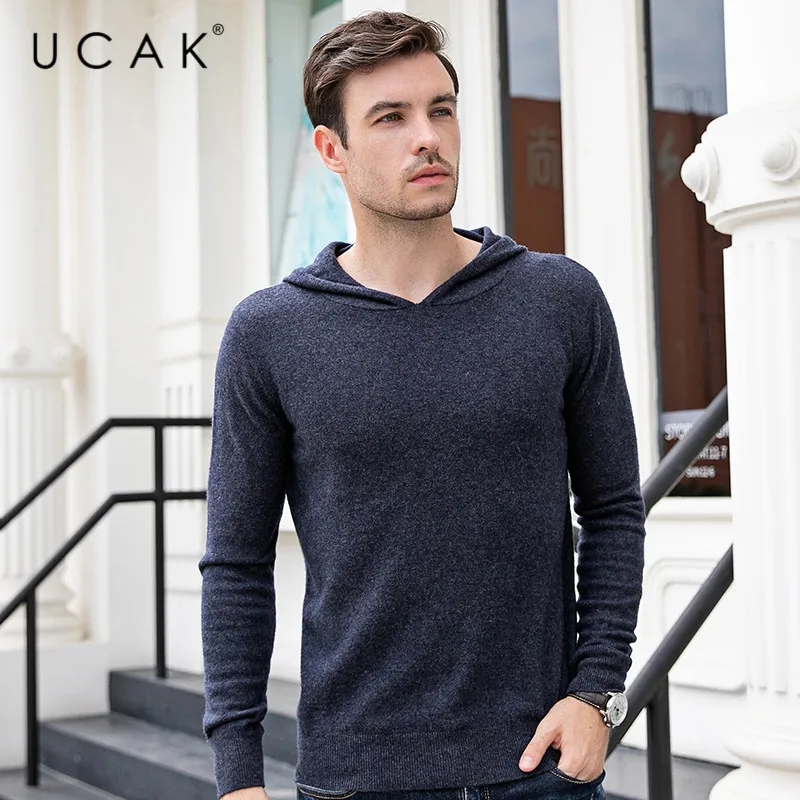 Promo UCAK Brand Sweaters Men 2019 Autumn Winter Casual Pull Homme Pure Merino Wool Hooded Solid Fashion Cashmere Sweater Men U3085