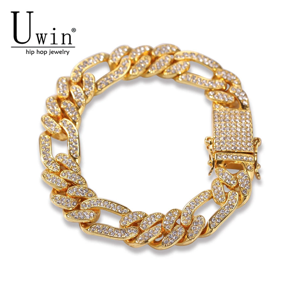 

Uwin Figaro Link Bracelet 13mm Cuban Iced Out Rhinestones Fashion Hip Hop Punk Style Gold Silver Men Women Jewelry Drop Shipping