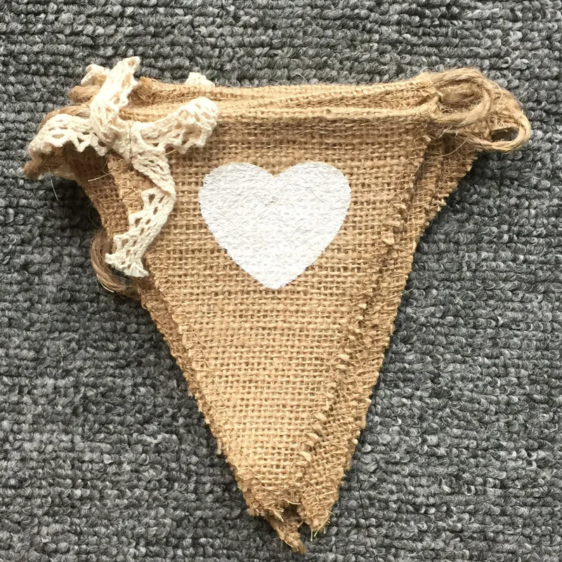 

Jute Fabric Bunting Banners white Heart Flags vintage Wedding decoration Burlap Banners Rustic birthday party decorations
