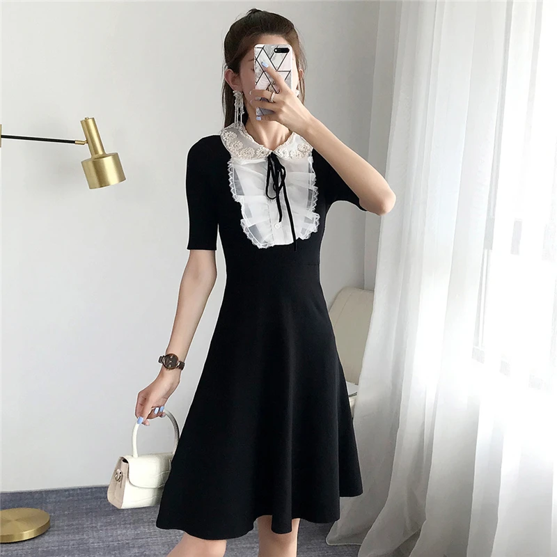 Women Dress Split Knitted Elegant Bodycon Lace Up Bow Vestido Slim Mesh Ruffles Robe Short Sleeve Pullovers Office Lady