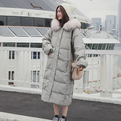 

2018 Winter New Style Long Hooded Large Fur Collar Solid Color Cotton-padded Clothes Korean-style Straight-Cut Cotton Coat Women