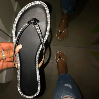 

Fashion Sexy Roman Rhinestone Summer 2020 Women Slippers PVC Flat Bottom Outdoor Women's Beach Slippers Female Flip Flops