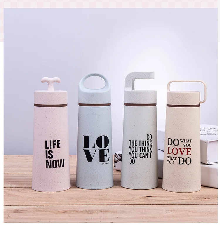 New Style Double Layer Plastic Glass Bottle Straw English Portable Bottle Students Cup Gift Glass