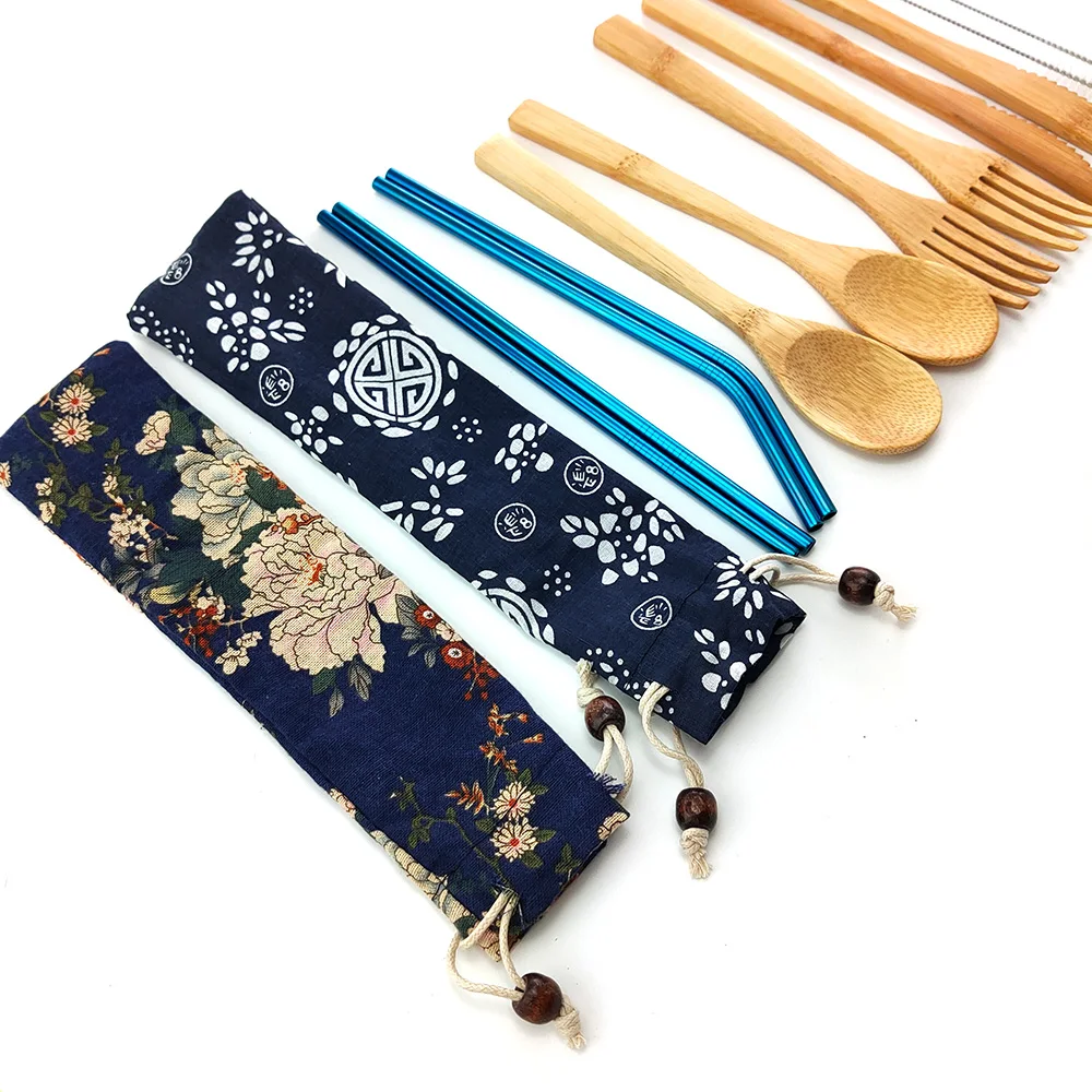 Portable Eco Friendly Flatware Set 7PCS Bamboo Cutlery Knife Fork Spoon Reusable Straws Chopsticks Travel Utensils | Дом и сад