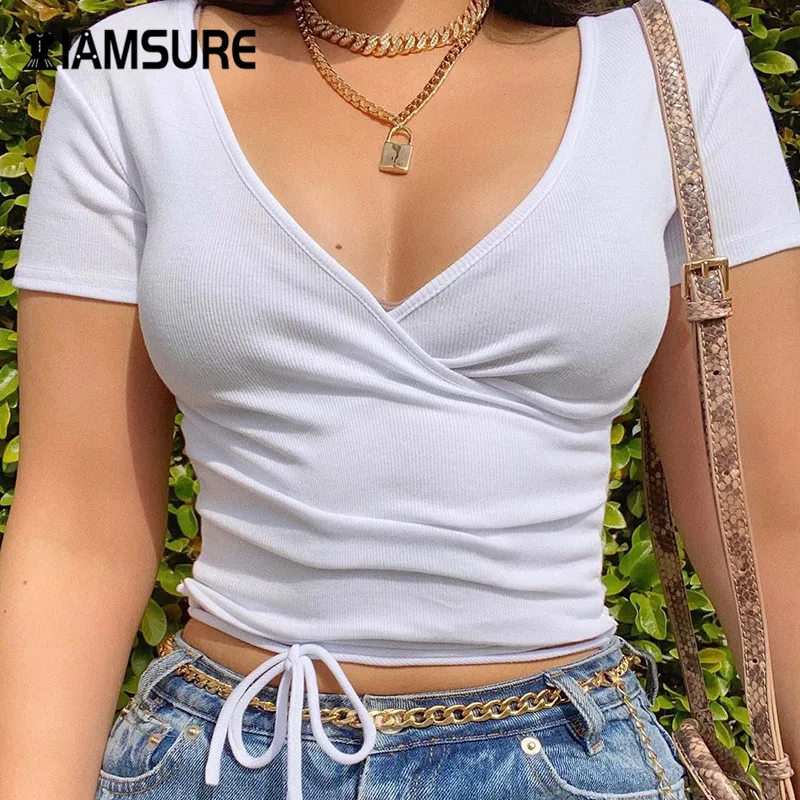 

IAMSURE 2020 Summer Kpop Solid Basic Short Sleeve Crop Tops For Women Sexy V-Neck Cross Bandage Slim Outfits Female T-Shirts