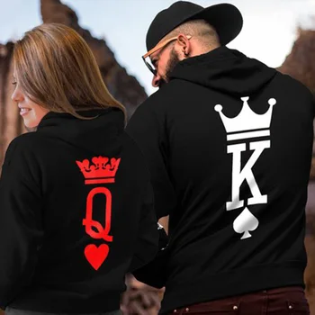 

KING Queen Crown Print Men Women Spring Hoodies Slim Sweatshirt for Couple Lovers Winter Patchwork Hooded Pullovers