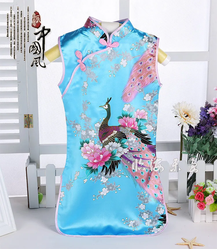 Детское платье-Чонсам для девочек; китайские традиционные костюмы; винтажный костюм; Vestido Tang; атласное платье-кимоно с разрезом павлина для девочек - Цвет: Color10