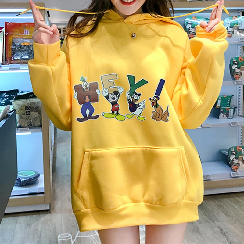 

Women Mickey Donald Duck Hoodies Autumn Winter Tnick Fleece Warm Hooded Sweatshirt Long Sleeve Casual Loose Woman Pullover Top