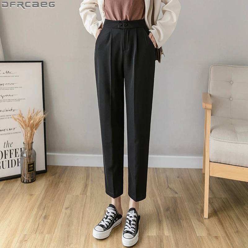 Elegant High Waist Women's Pants 2021 Spring Summer Casual Harem Pants Black Office Ladies Trousers Ankle-Length Femme Pantalon women s jeans 2021 new spring and autumn plus size korean style high waist drawstring harem pants loose feet woman jeans