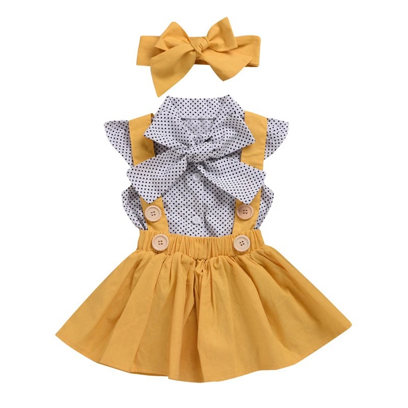 

Spring Baby Girl Long Sleeve Polka Dot Print Bow Shirt Mini Strap Skirts +Headband Casual Outfits Sets