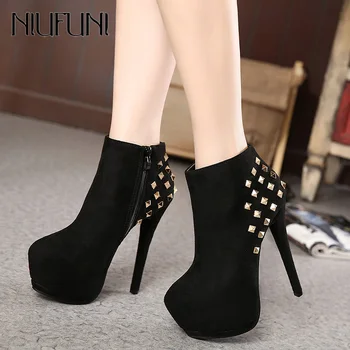 

NIUFUNI Fashion Rivets Platform Boots Women Flock Leather 15cm High Heels Round Toe Black/Pink Botas Mujer Autumn WInter Shoes