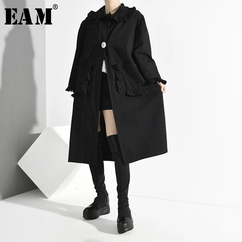 

[EAM] Loose Fit Black Ruffles Split Big Size Jacket New Lapel Long Sleeve Women Coat Fashion Tide Spring Autumn 2020 1D84101