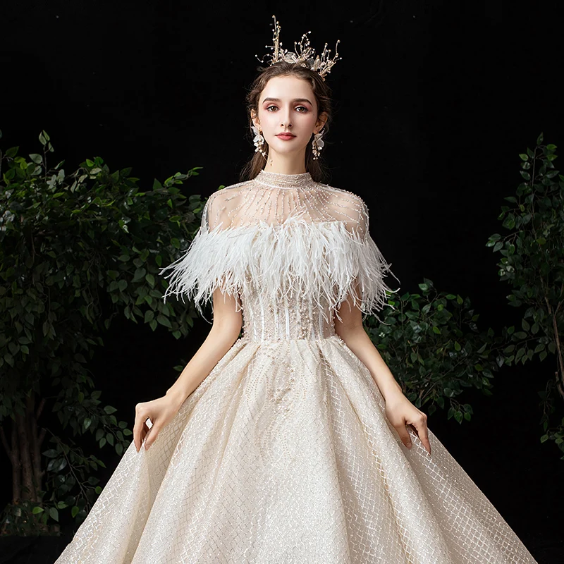 SSYFashion новое зимнее роскошное свадебное платье высокого класса без бретелек, кружевное платье с блестками и бисером, свадебное платье с перьями и шалью