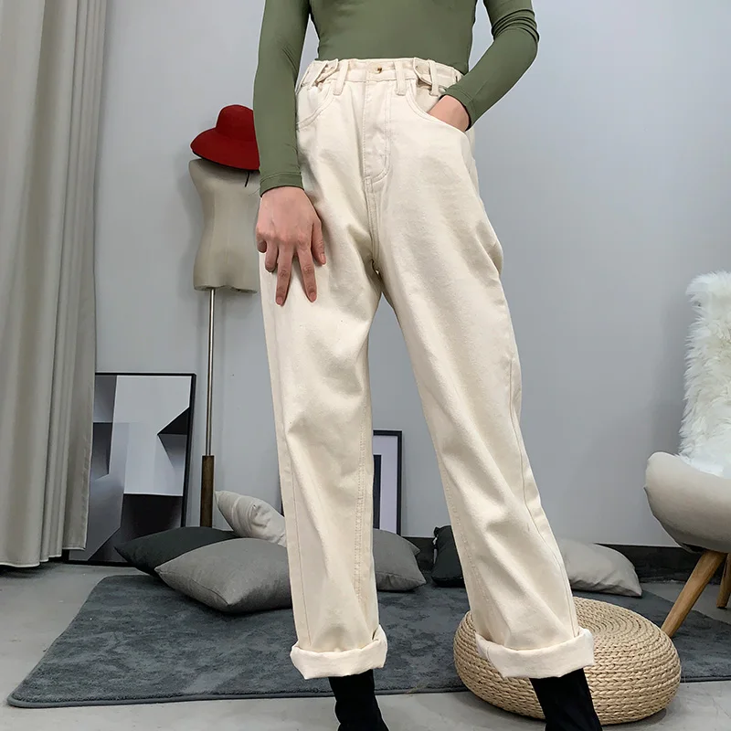 

Cotton Jeans For Women High Waist Beige Jeans Spring White Women Jeans Denim Loose Straight Pants Trousers high waisted jeans