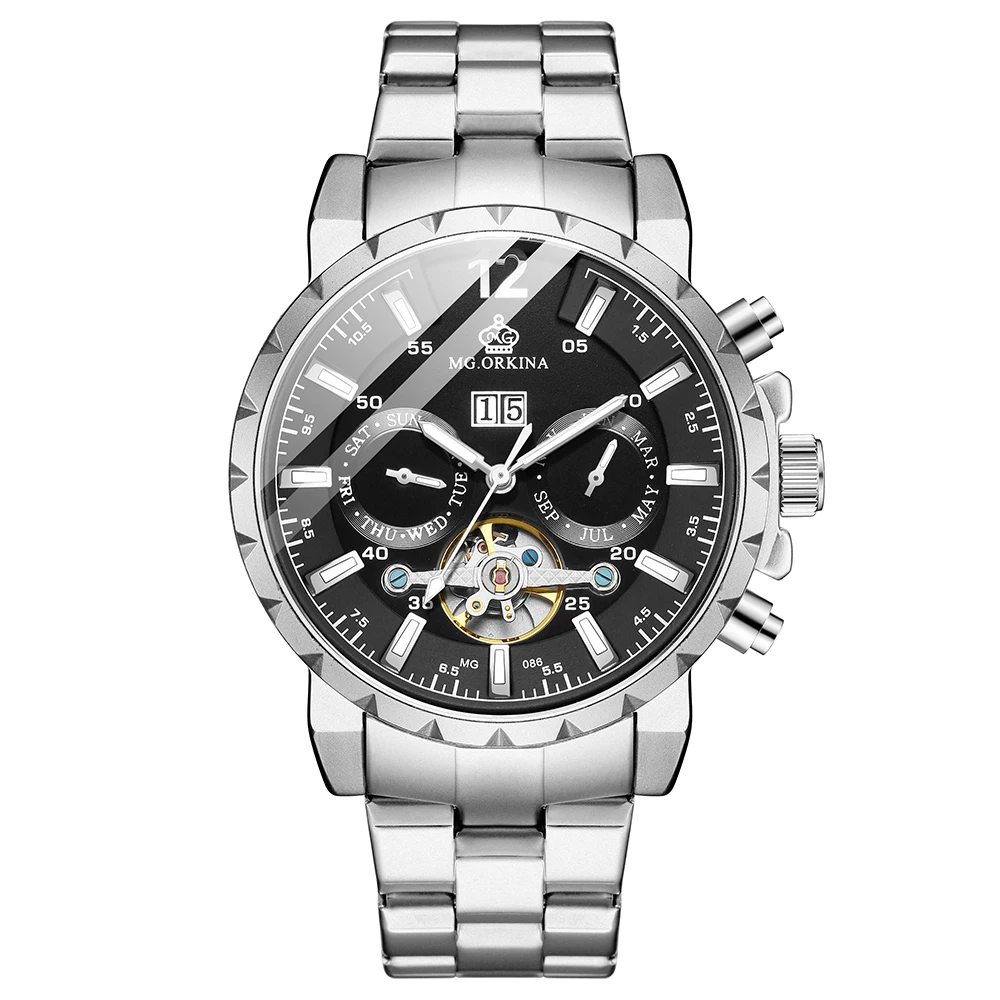 Модные Классические Мужские автоматические механические часы, маховик, Tourbillon, спортивные, из нержавеющей стали, деловые наручные часы, Relogio Masculino