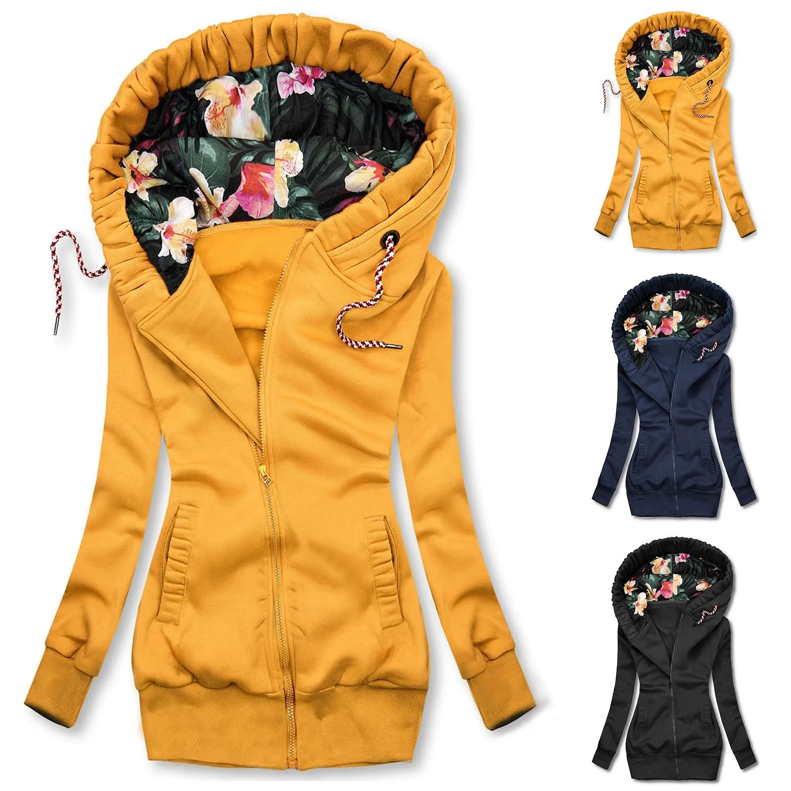 Casual Women's Hoodie Long-Sleeved Pocket Zipper Sweatshirt Solid Color Zip-Up Hooded Jacket Slim Ladies Long Coat худи 2021 1