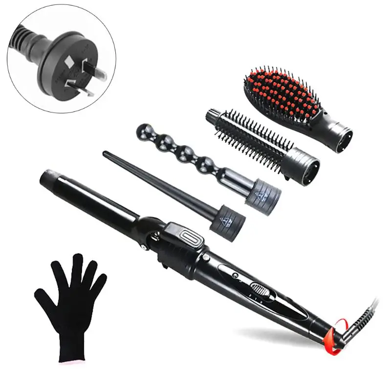 

Interchangeable Ceramic Hair Curler Iron Set Professional Curling 5 in 1 Wand Straightening Brush Tourmaline Barrel Dual Voltage