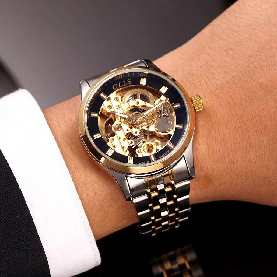 Мужские классические механические часы QLLS автоматические с каркасом Tourbillon из
