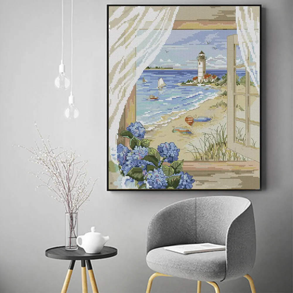 За окном живописная алмазная живопись песчаный пляж, маяк круглый полный дрель DIY мозаика вышивка 5D вышитые крестом подарки