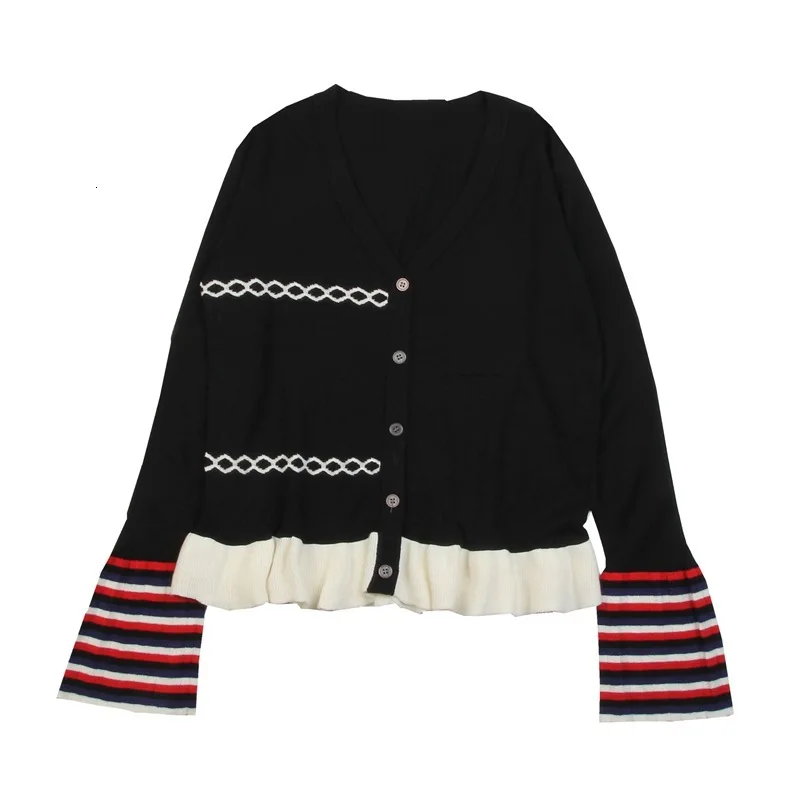 

[EWQ] 2019 Autumn New High Quality Ruffle Flare Sleeve Striped Cardigan Sweater Single Breasted Knit Trend Sweater Coat QL363