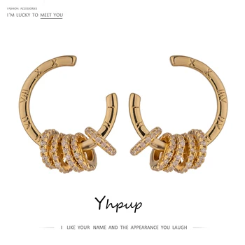 

Yhpup Copper Zirconia Luck Bead Stud Earrings Rotatable Charm Metal Earrings Roman Number Gold Jewelry Women Office Gift 2020