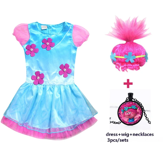 2020 Girls Dresses trolle Poppy Cosplay kostiumy sukienka dla dziewczynek  Streetwear ubrania na Halloween naszyjnik dla dzieci peruka Fancy girl  Dress - AliExpress