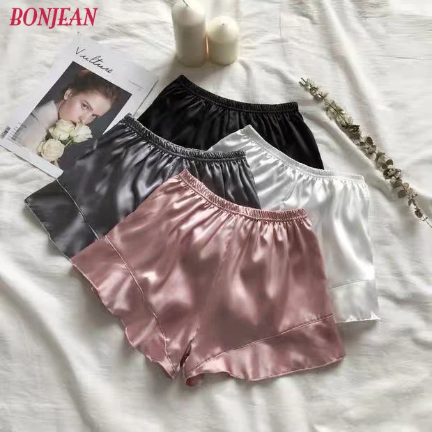 

2019 Female Summer Silk Satin Safety Shorts Sexy Ruffled Shorts Elastic Waist Soft Color Sleep Short Women Lingerie Pajama