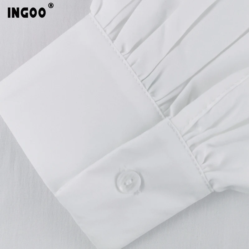 INGOO Autumn Turtleneck Office Women Shirt Lantern Long Sleeve Ruched Pleated Blouses Button Elegant Blue White Shirts Female