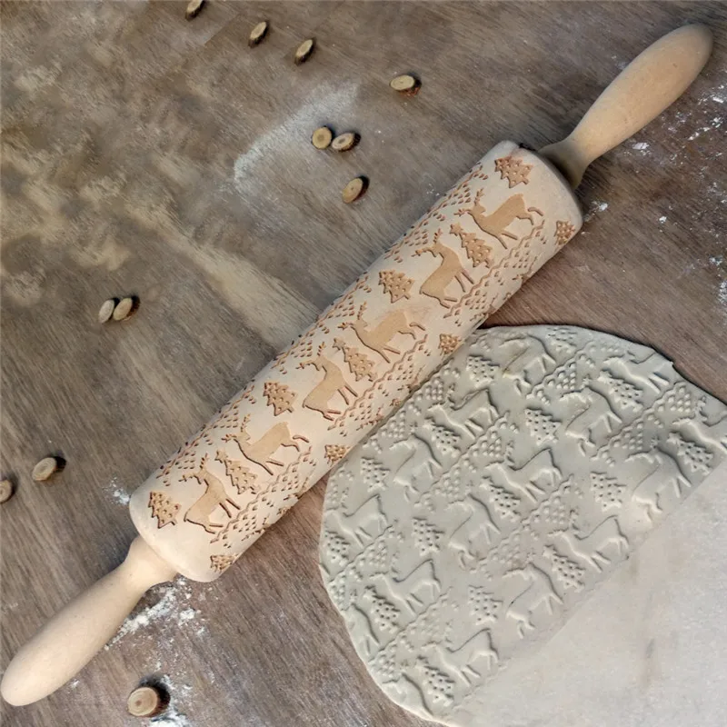 

Christmas Embossing Baking Cookies Biscuit Cake Engraved Roller Wooden Elk Letters Pattern 35cm*4.3cm