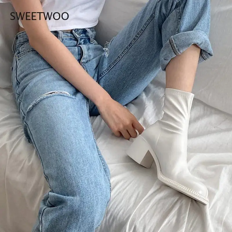 Women Big Toe Chunky Heel Boots Pu Leather Platform Ankle Boots With Elastic Zipper Vintage Style Autumn Winter