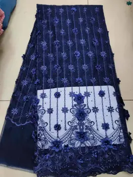 

(5yards/pc) navy blue French net lace with 3D flowers and beads beautiful African party lace for dress FHS019