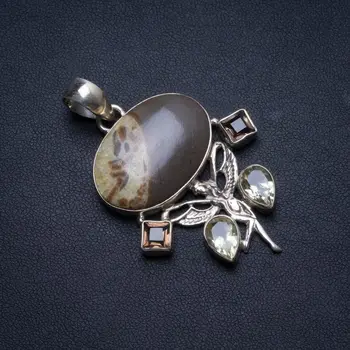 

Natural Dragon Septarian,Citrine and Smoky Quartz Handmade Boho 925 Sterling Silver Pendant 2 1/4" U0429