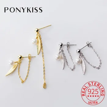 

PONYKISS 100% 925 Sterling Silver Tree Leaf Pearl Dangle Drop Earrings Delicate Elegant Earrings Women Party Fine Accessory Gift